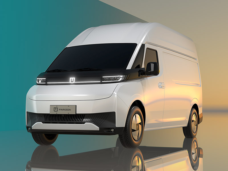 Ηλεκτρικό van Farizon SV σε λευκό χρώμα με φωτιζόμενη LED μπροστινή φωτεινή μπάρα και αεροδυναμικό σχεδιασμό
