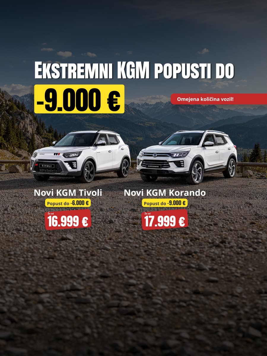 KGM Tivoli in Korando z ekstremnimi popusti do 9.000 €, Tivoli že od 16.999 €, Korando že od 17.999 €