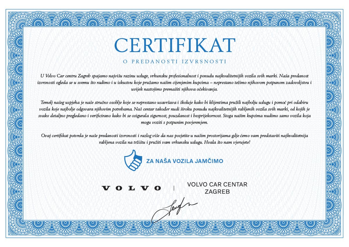 Certificate Volvo Car centar Zagreb