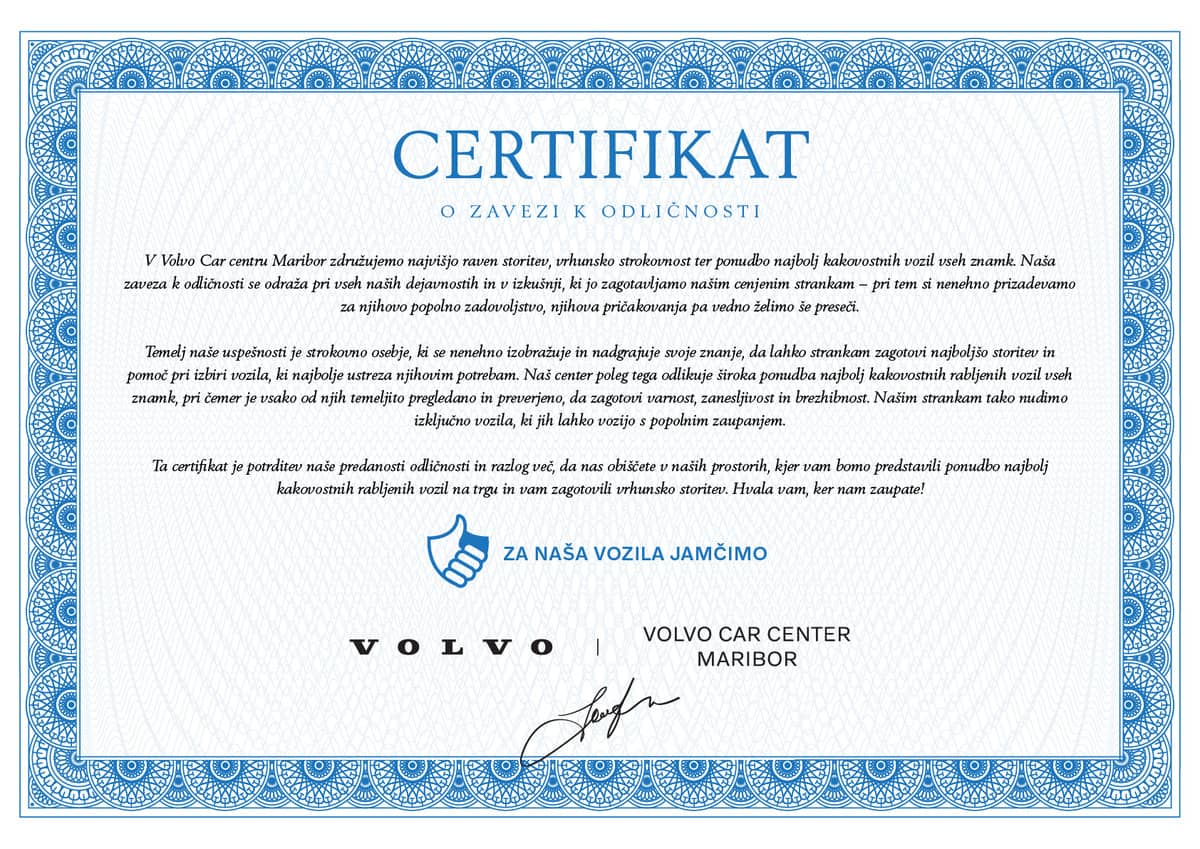 Certificate Volvo Car center Maribor