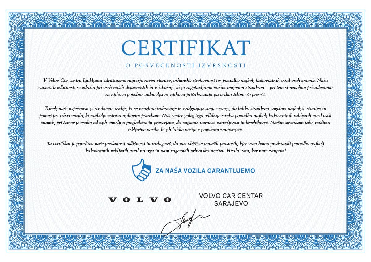 Certificate Volvo Car centar Sarajevo